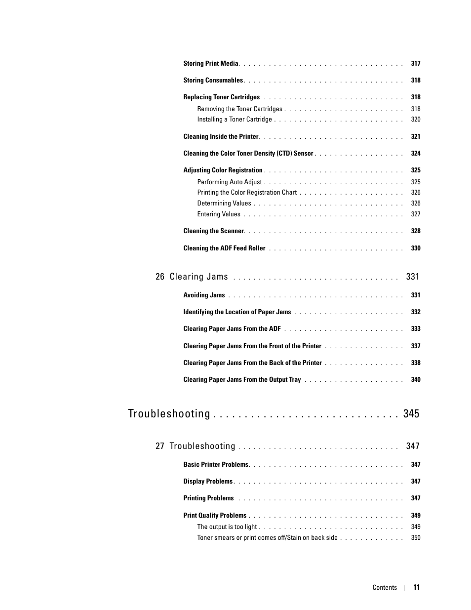 Troubleshooting, 26 clearing jams, 27 troubleshooting | Dell C1765NFW MFP Laser Printer User Manual | Page 13 / 382