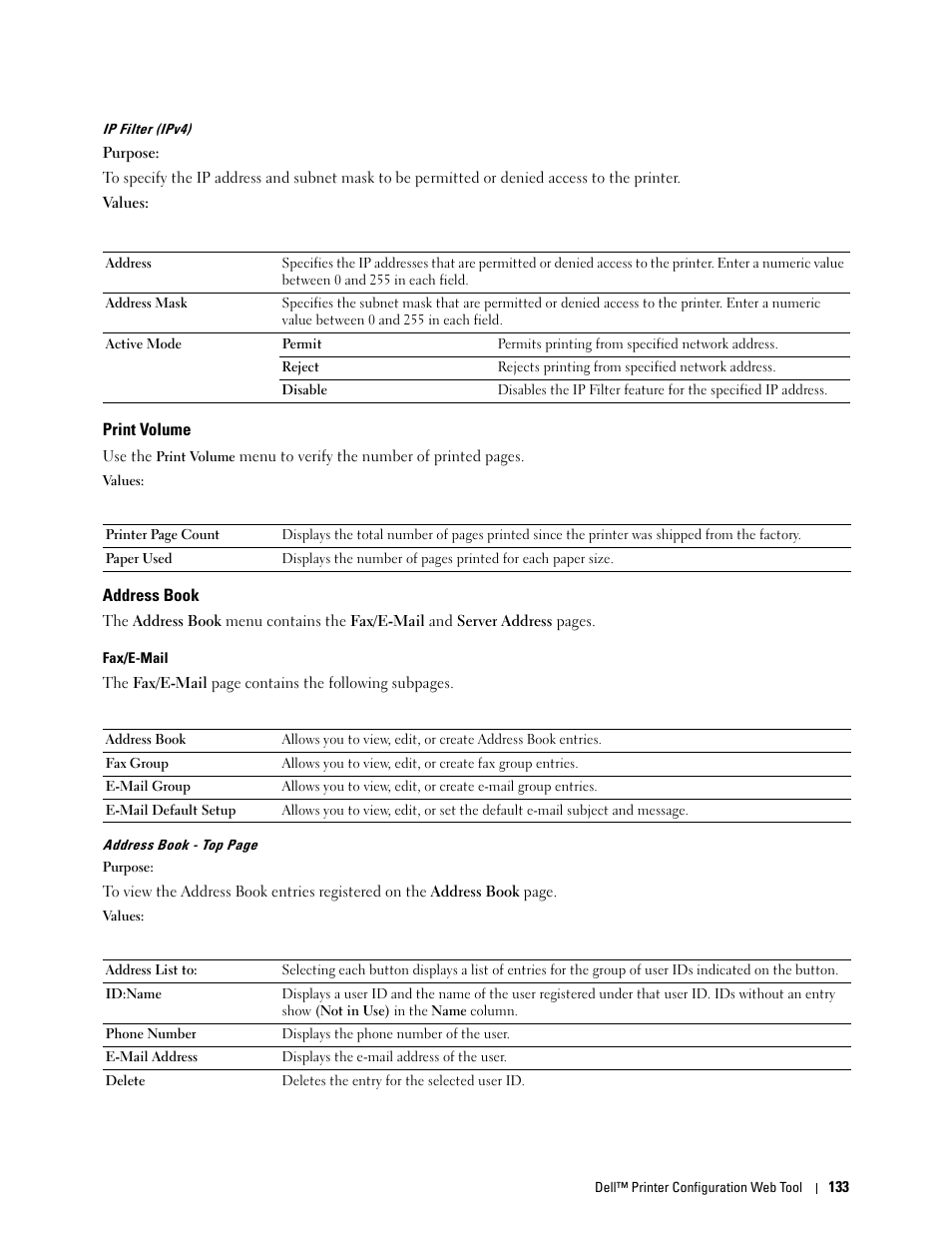 Print volume, Address book, Ip filter (ipv4) | Fax/e-mail | Dell C1765NFW MFP Laser Printer User Manual | Page 135 / 382