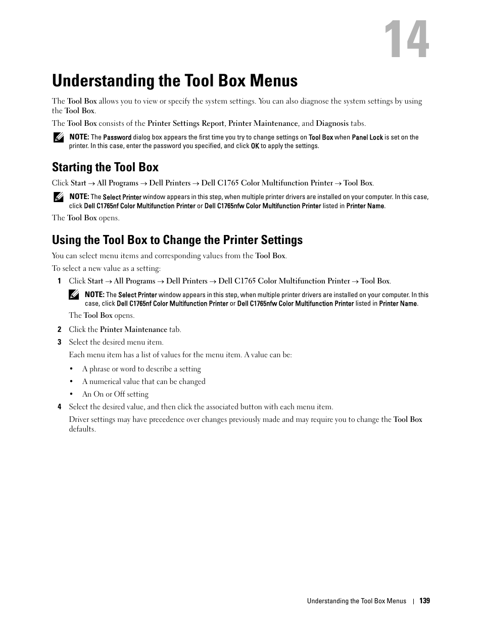 Understanding the tool box menus, Starting the tool box, Using the tool box to change the printer settings | 14 understanding the tool box menus | Dell C1765NFW MFP Laser Printer User Manual | Page 141 / 382