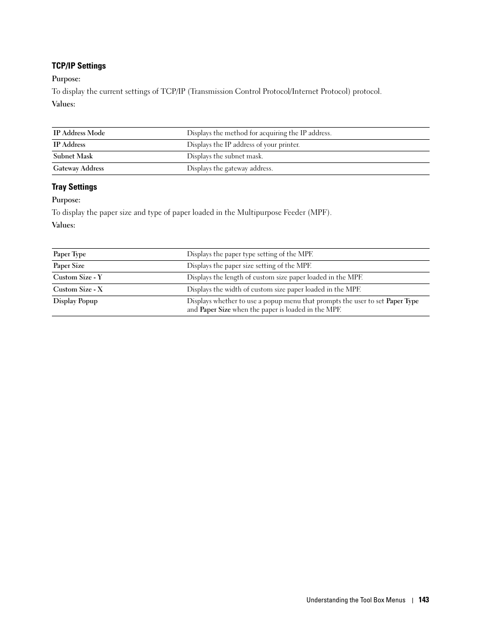Tcp/ip settings, Tray settings | Dell C1765NFW MFP Laser Printer User Manual | Page 145 / 382