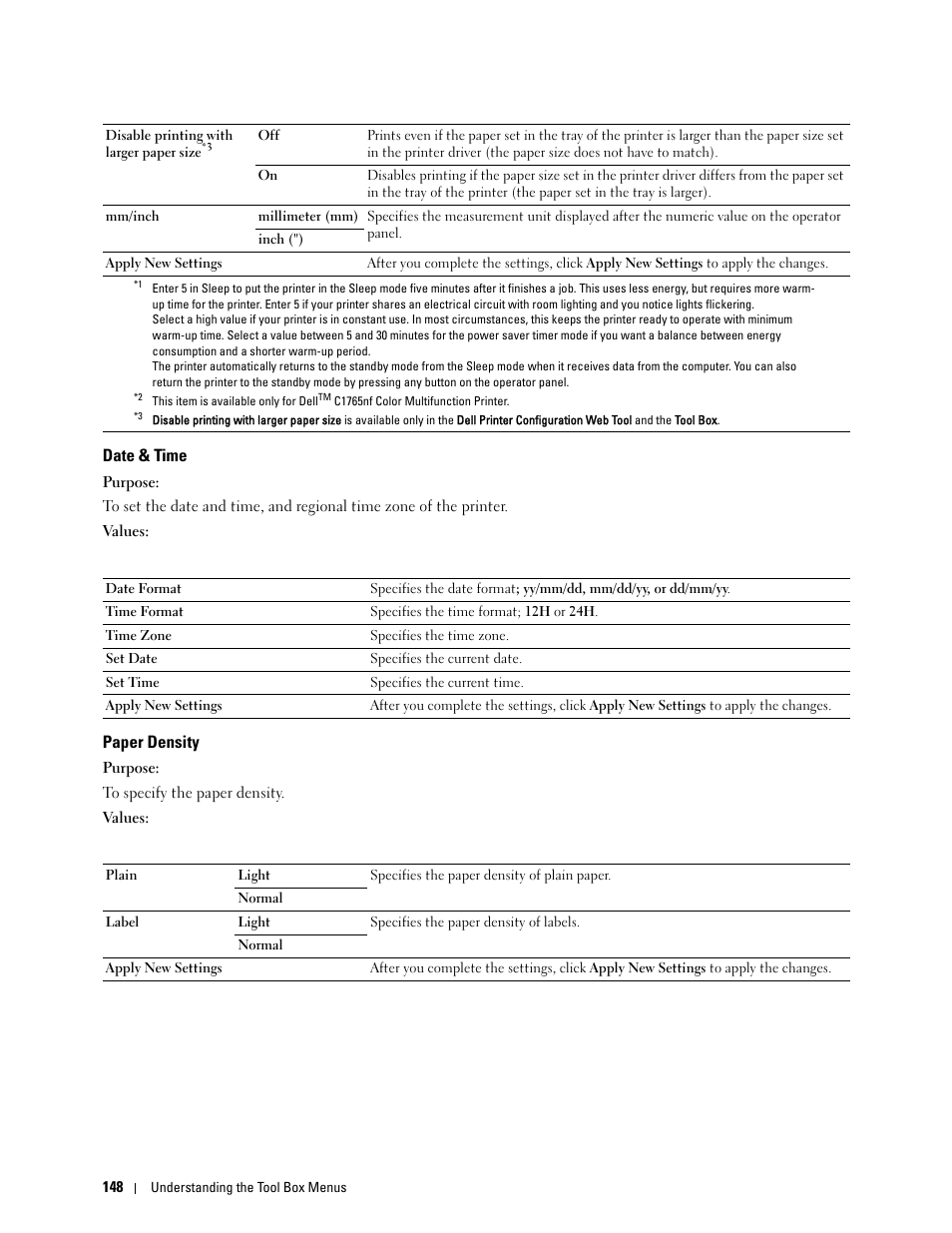 Date & time, Paper density | Dell C1765NFW MFP Laser Printer User Manual | Page 150 / 382