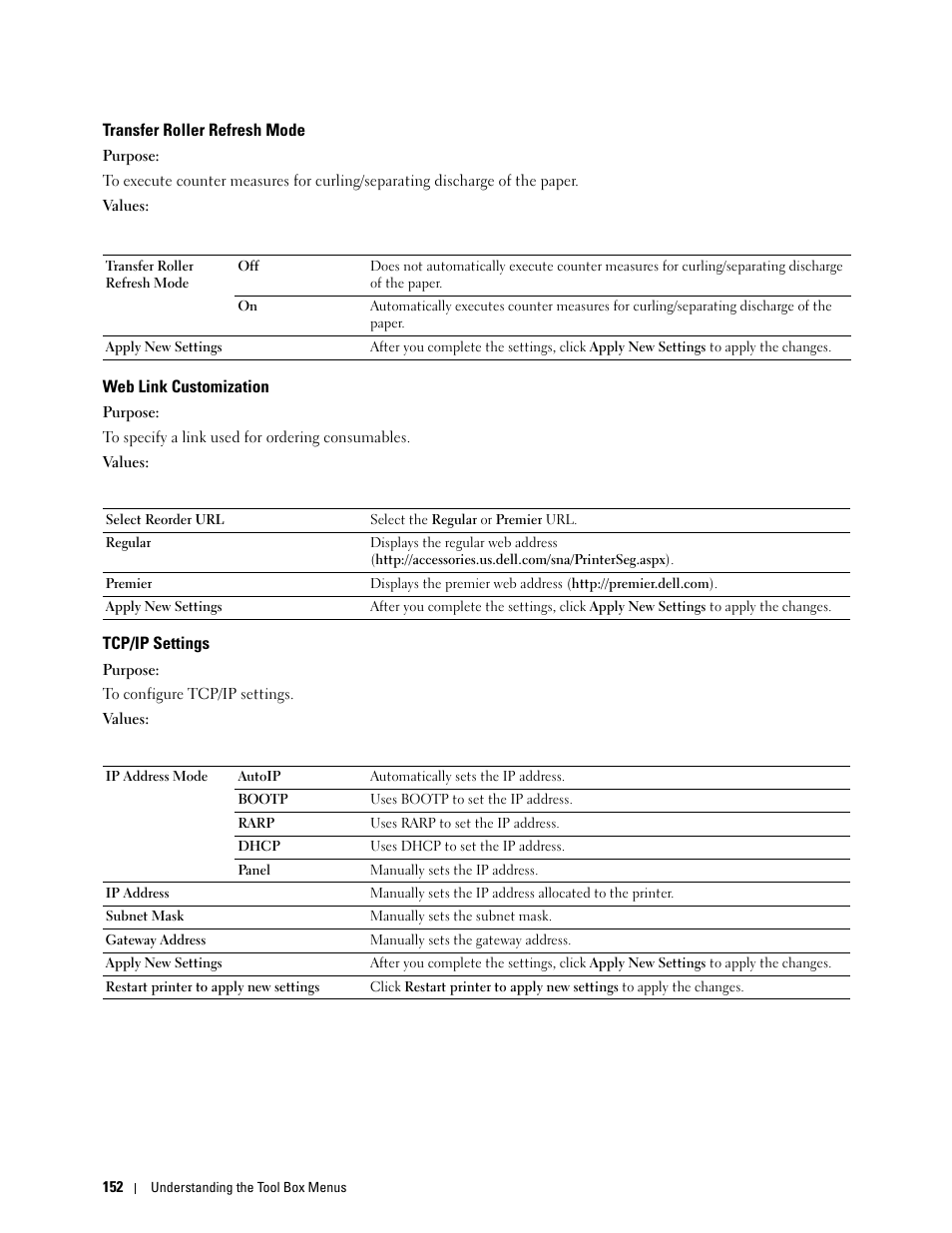 Transfer roller refresh mode, Web link customization, Tcp/ip settings | Dell C1765NFW MFP Laser Printer User Manual | Page 154 / 382