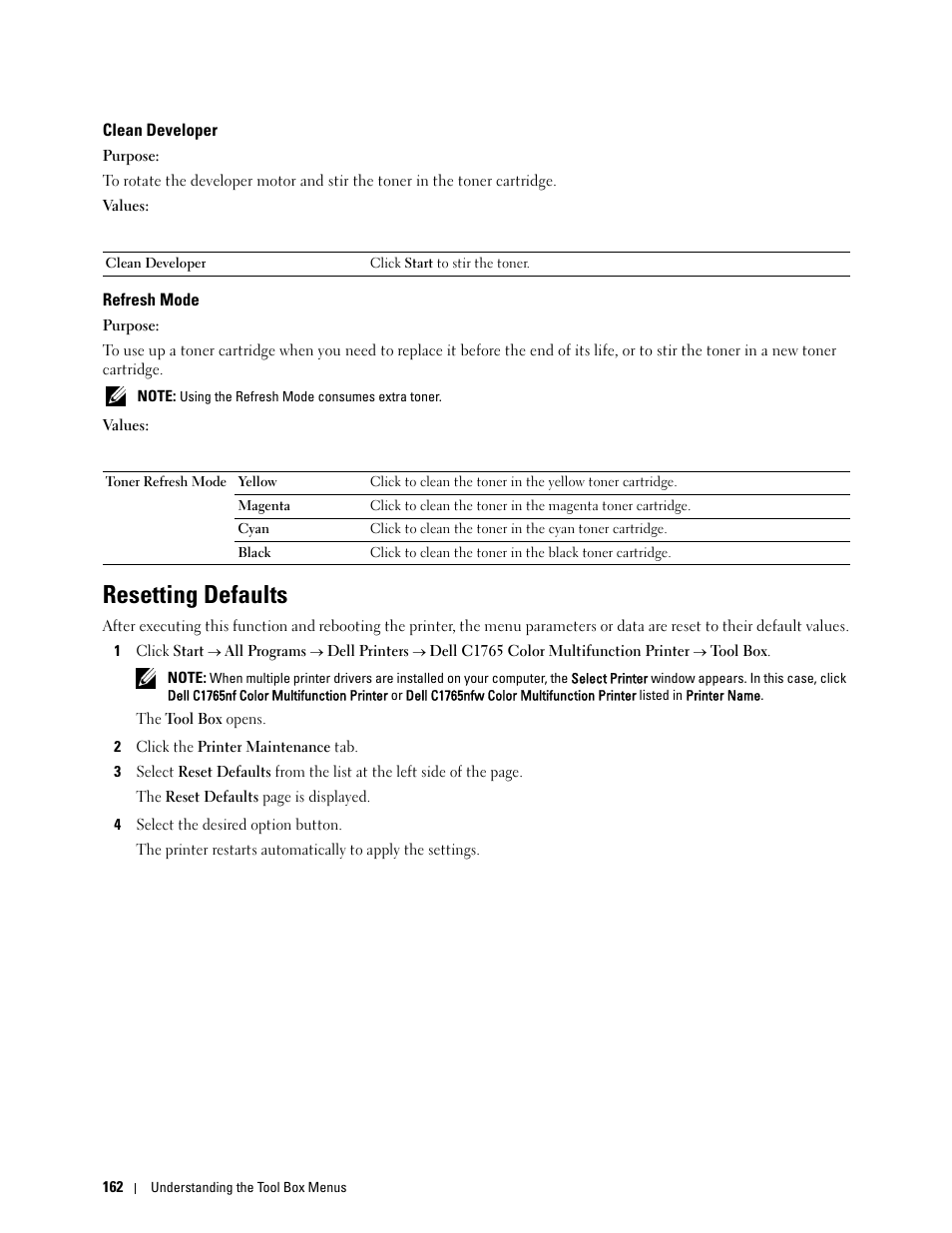Clean developer, Refresh mode, Resetting defaults | Dell C1765NFW MFP Laser Printer User Manual | Page 164 / 382