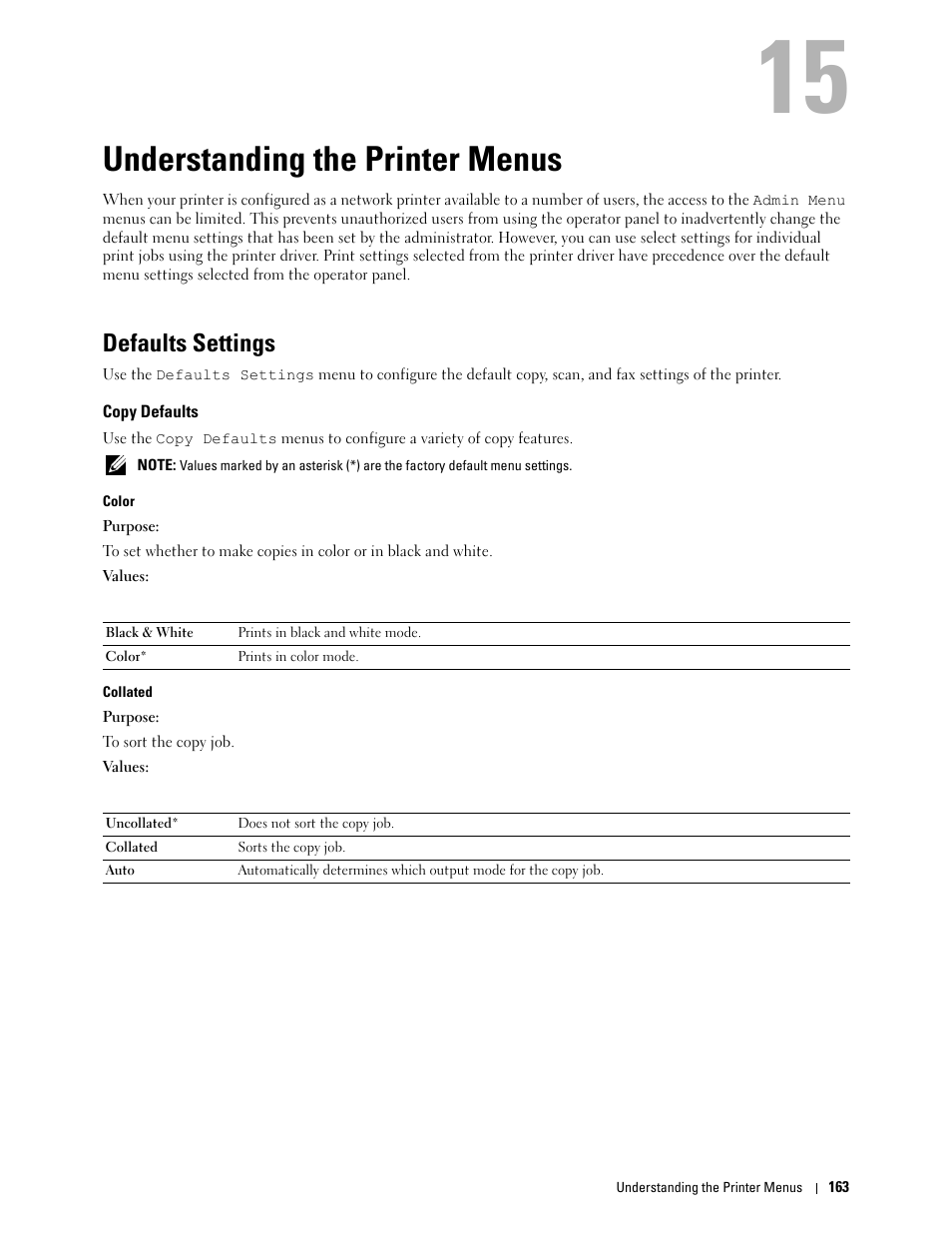 Understanding the printer menus, Defaults settings, Copy defaults | 15 understanding the printer menus | Dell C1765NFW MFP Laser Printer User Manual | Page 165 / 382