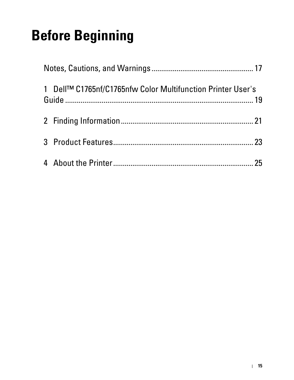 Before beginning | Dell C1765NFW MFP Laser Printer User Manual | Page 17 / 382