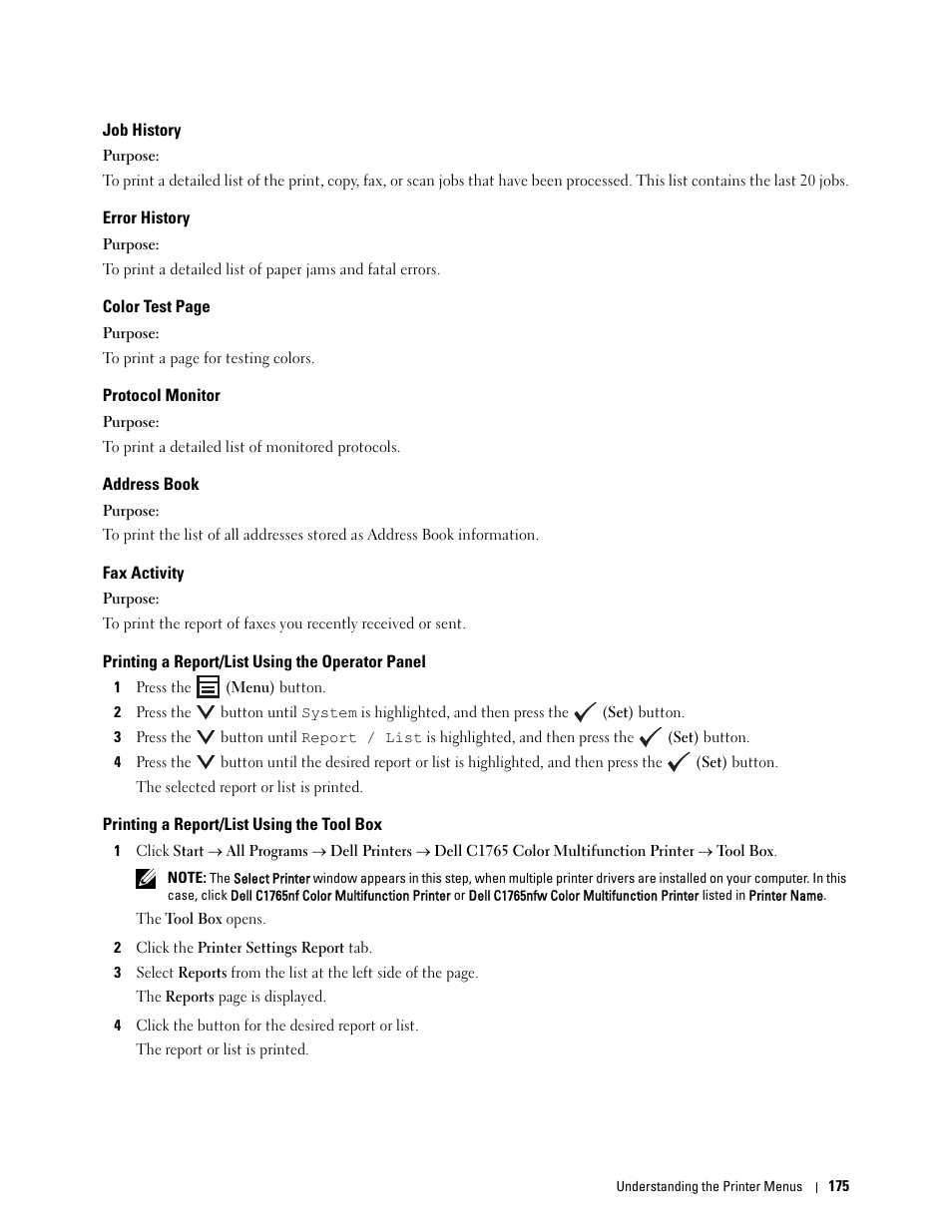 Job history, Error history, Protocol monitor | Address book, Fax activity, Printing a report/list using the operator panel, Printing a report/list using the tool box | Dell C1765NFW MFP Laser Printer User Manual | Page 177 / 382