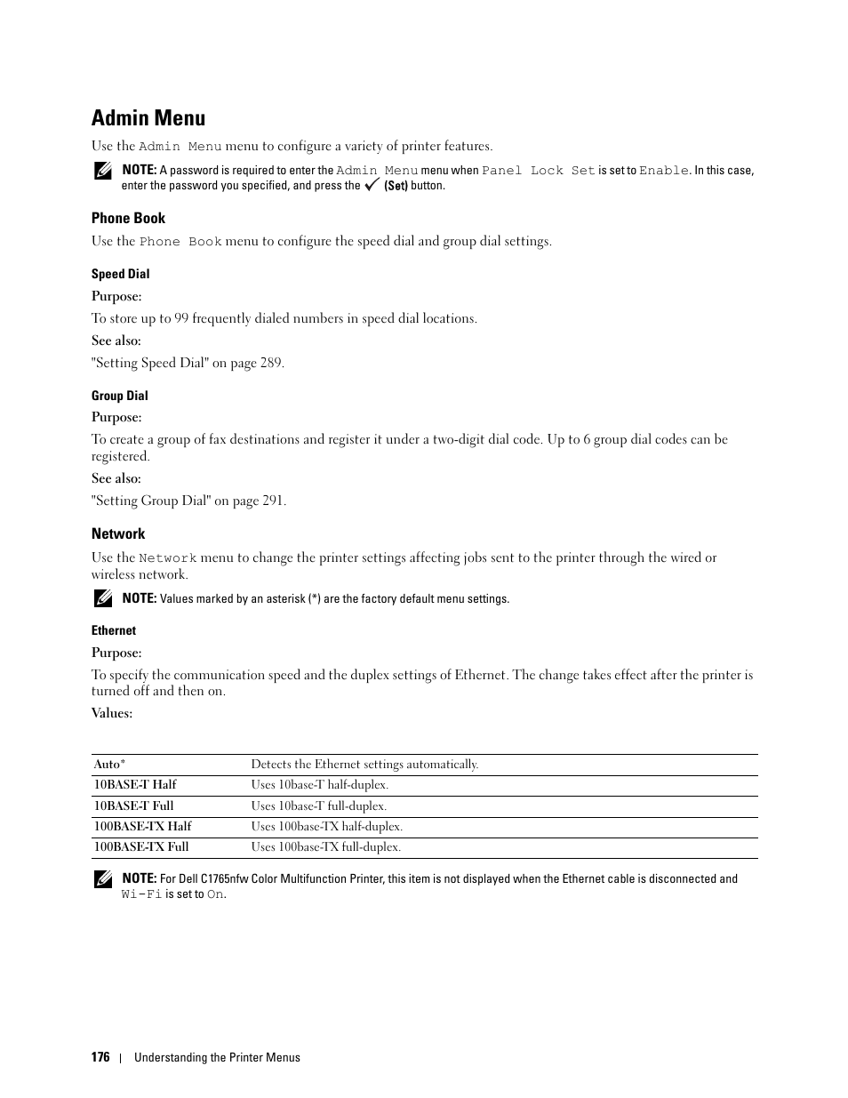 Admin menu, Phone book, Network | Dell C1765NFW MFP Laser Printer User Manual | Page 178 / 382