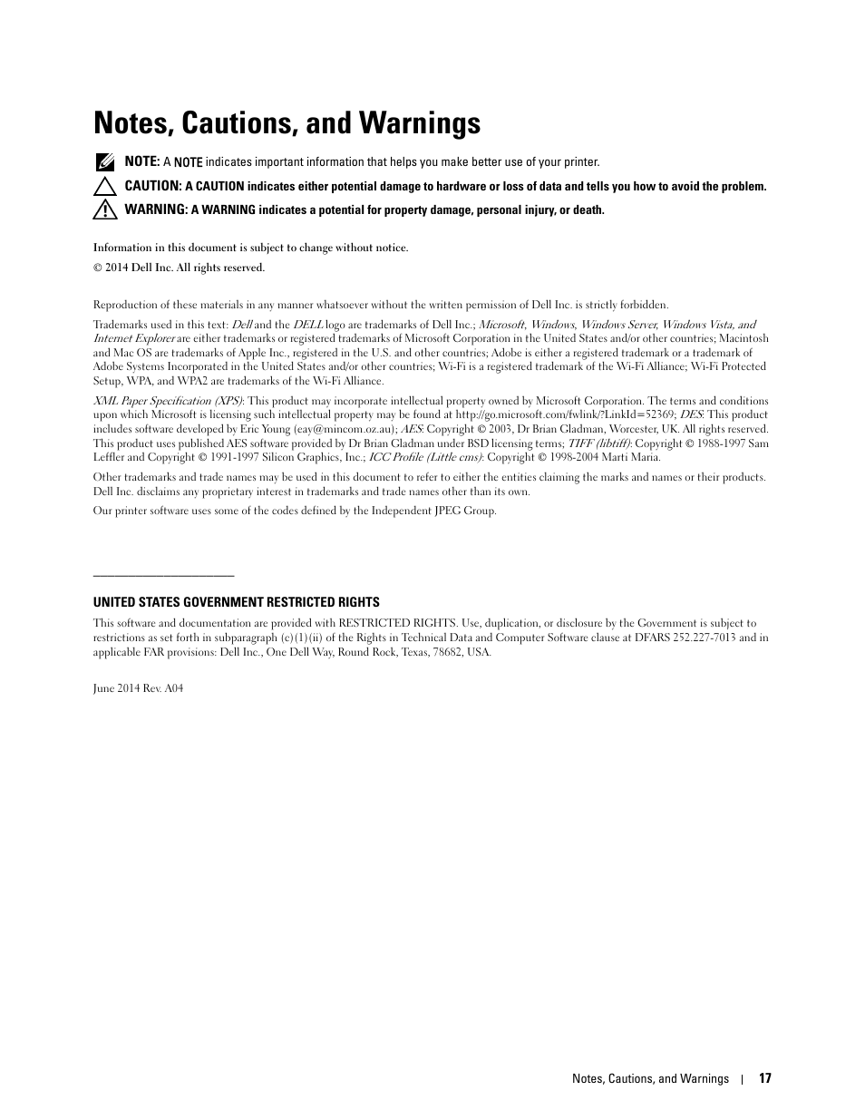 Notes, cautions, and warnings, A notes, cautions, and warnings | Dell C1765NFW MFP Laser Printer User Manual | Page 19 / 382