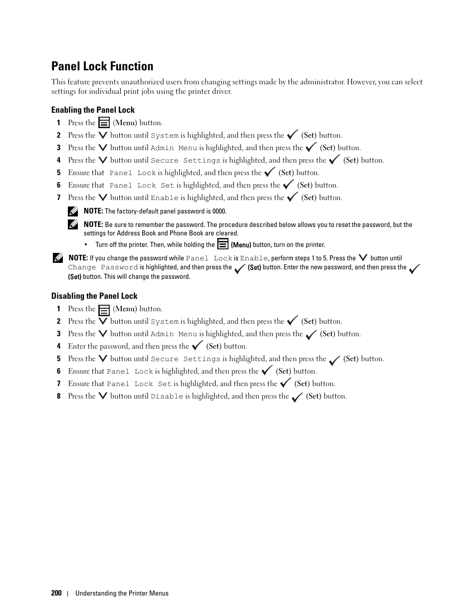 Panel lock function, Enabling the panel lock, Disabling the panel lock | Dell C1765NFW MFP Laser Printer User Manual | Page 202 / 382