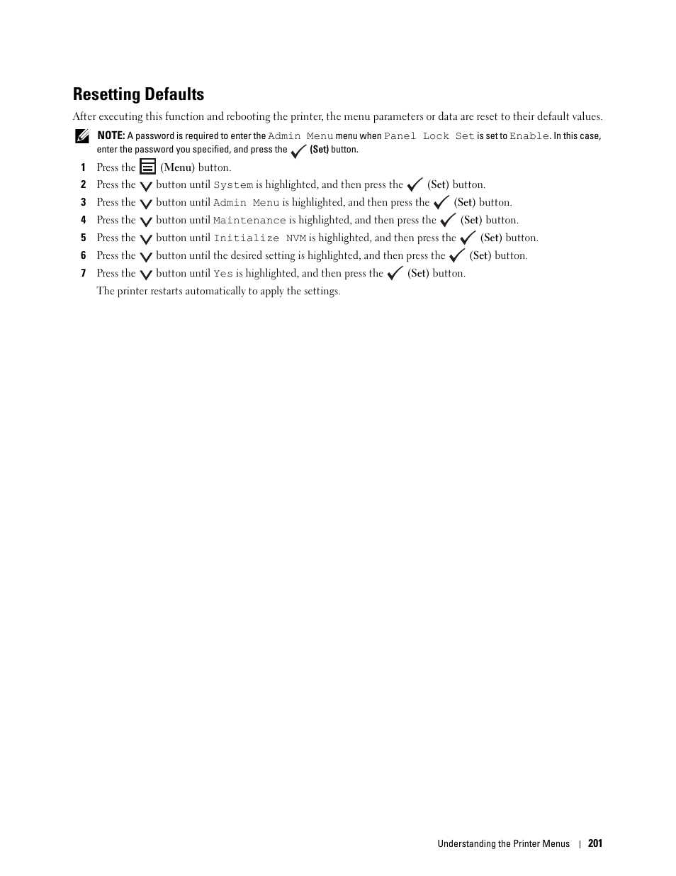 Resetting defaults | Dell C1765NFW MFP Laser Printer User Manual | Page 203 / 382