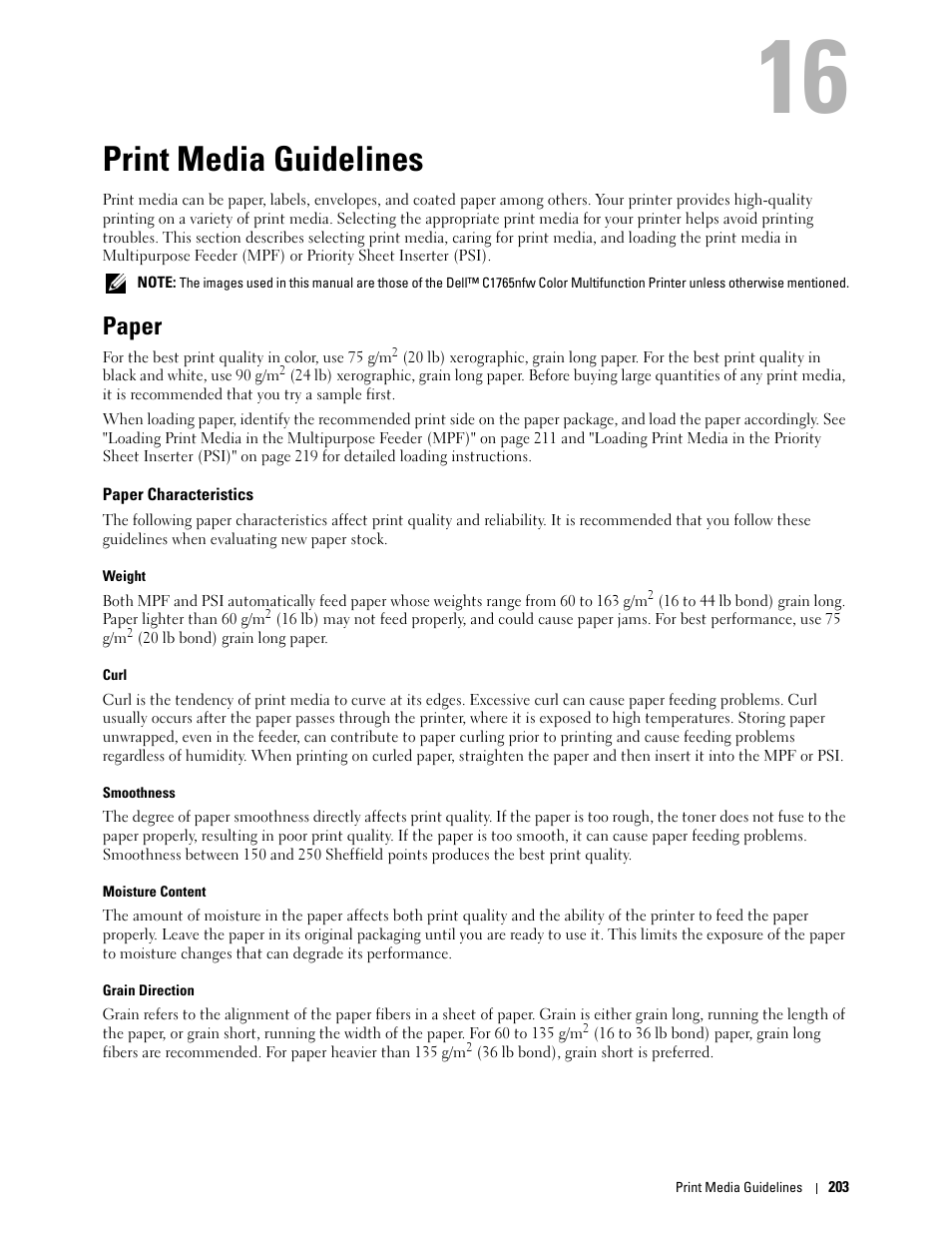 Print media guidelines, Paper, Paper characteristics | 16 print media guidelines | Dell C1765NFW MFP Laser Printer User Manual | Page 205 / 382