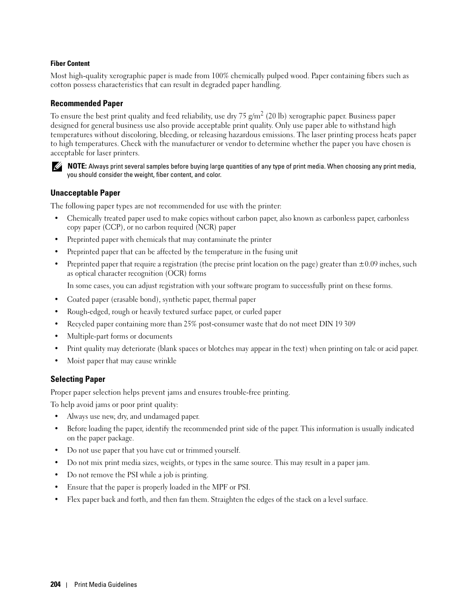Recommended paper, Unacceptable paper, Selecting paper | Dell C1765NFW MFP Laser Printer User Manual | Page 206 / 382