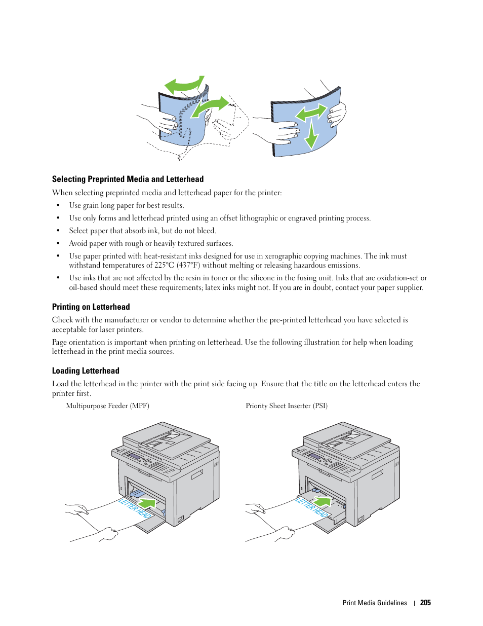 Selecting preprinted media and letterhead, Printing on letterhead, Loading letterhead | Dell C1765NFW MFP Laser Printer User Manual | Page 207 / 382
