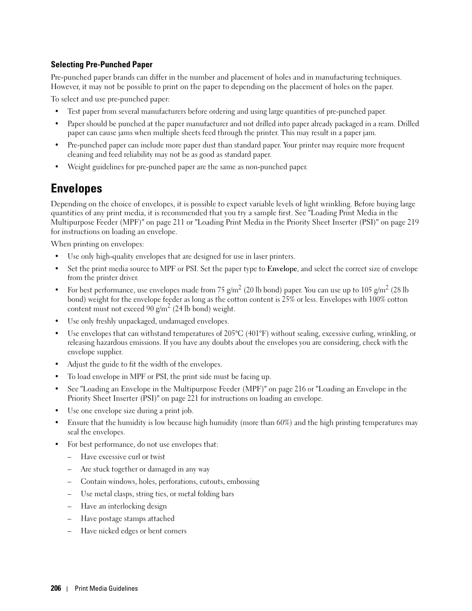 Selecting pre-punched paper, Envelopes | Dell C1765NFW MFP Laser Printer User Manual | Page 208 / 382