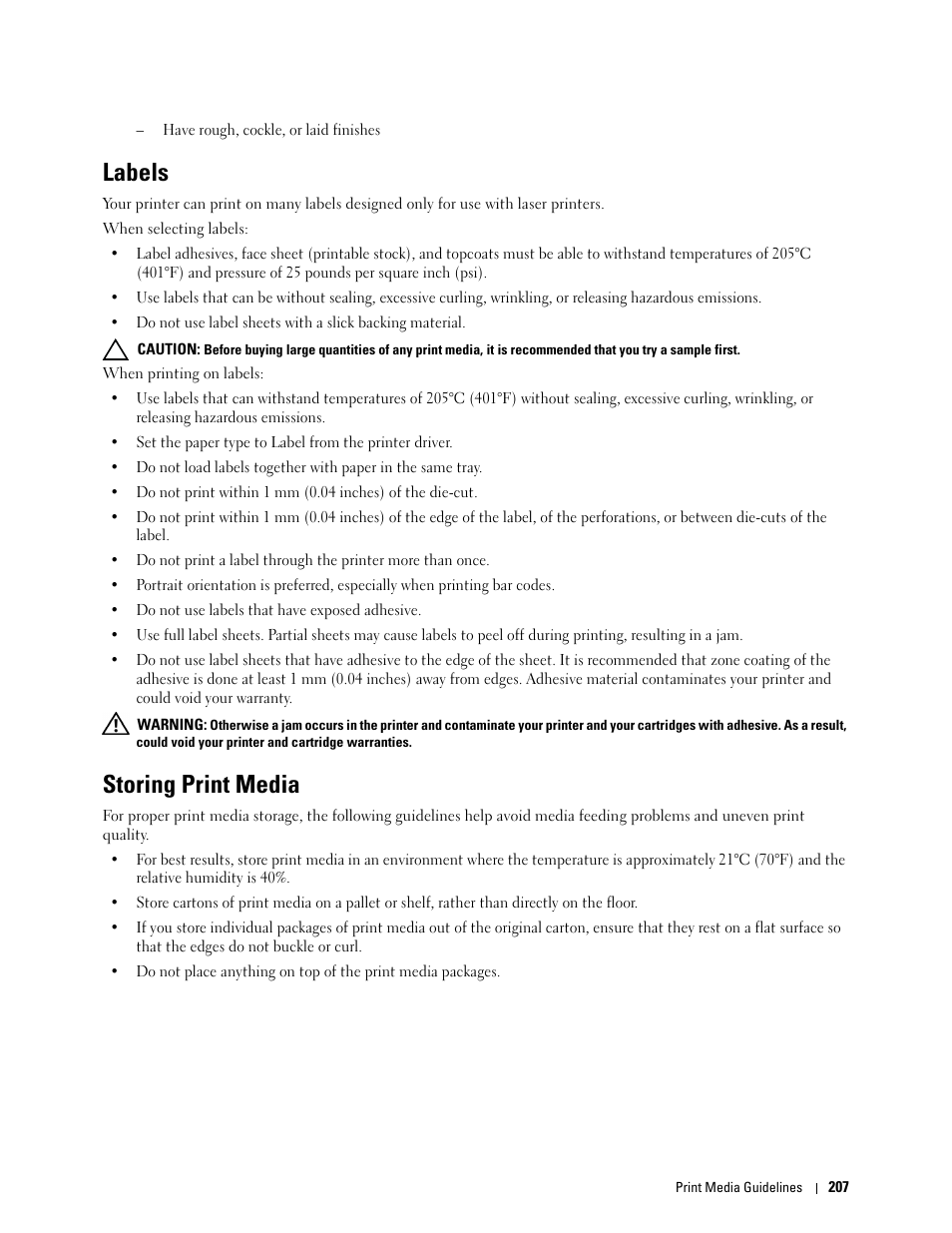 Labels, Storing print media | Dell C1765NFW MFP Laser Printer User Manual | Page 209 / 382