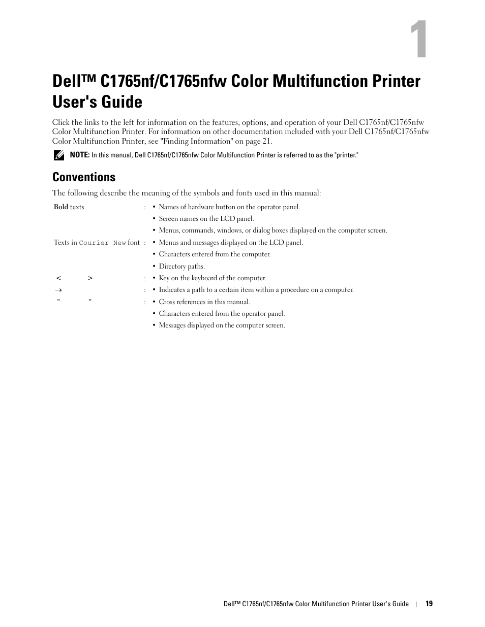 Conventions, Guide | Dell C1765NFW MFP Laser Printer User Manual | Page 21 / 382