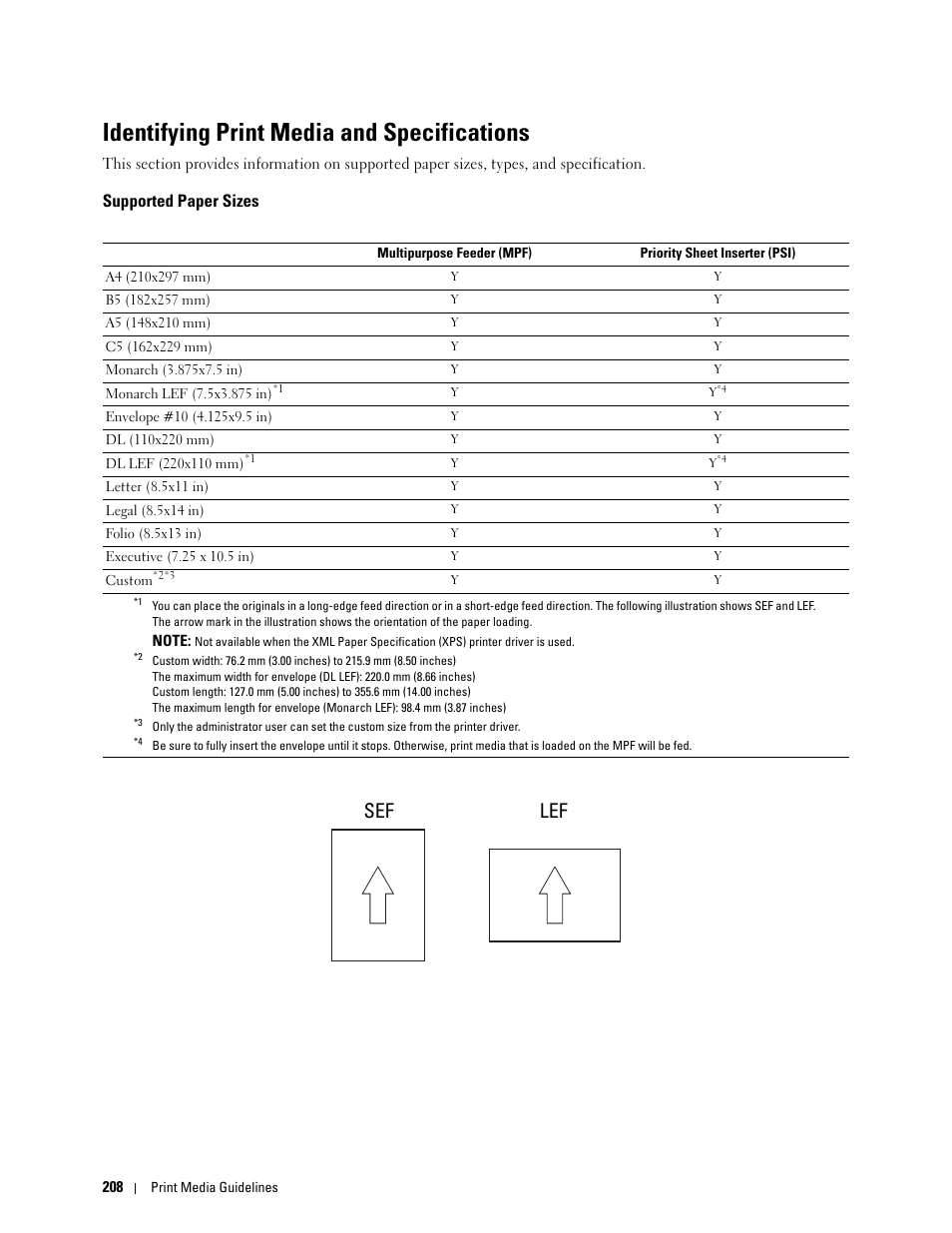 Identifying print media and specifications, Supported paper sizes, Sef lef | Dell C1765NFW MFP Laser Printer User Manual | Page 210 / 382