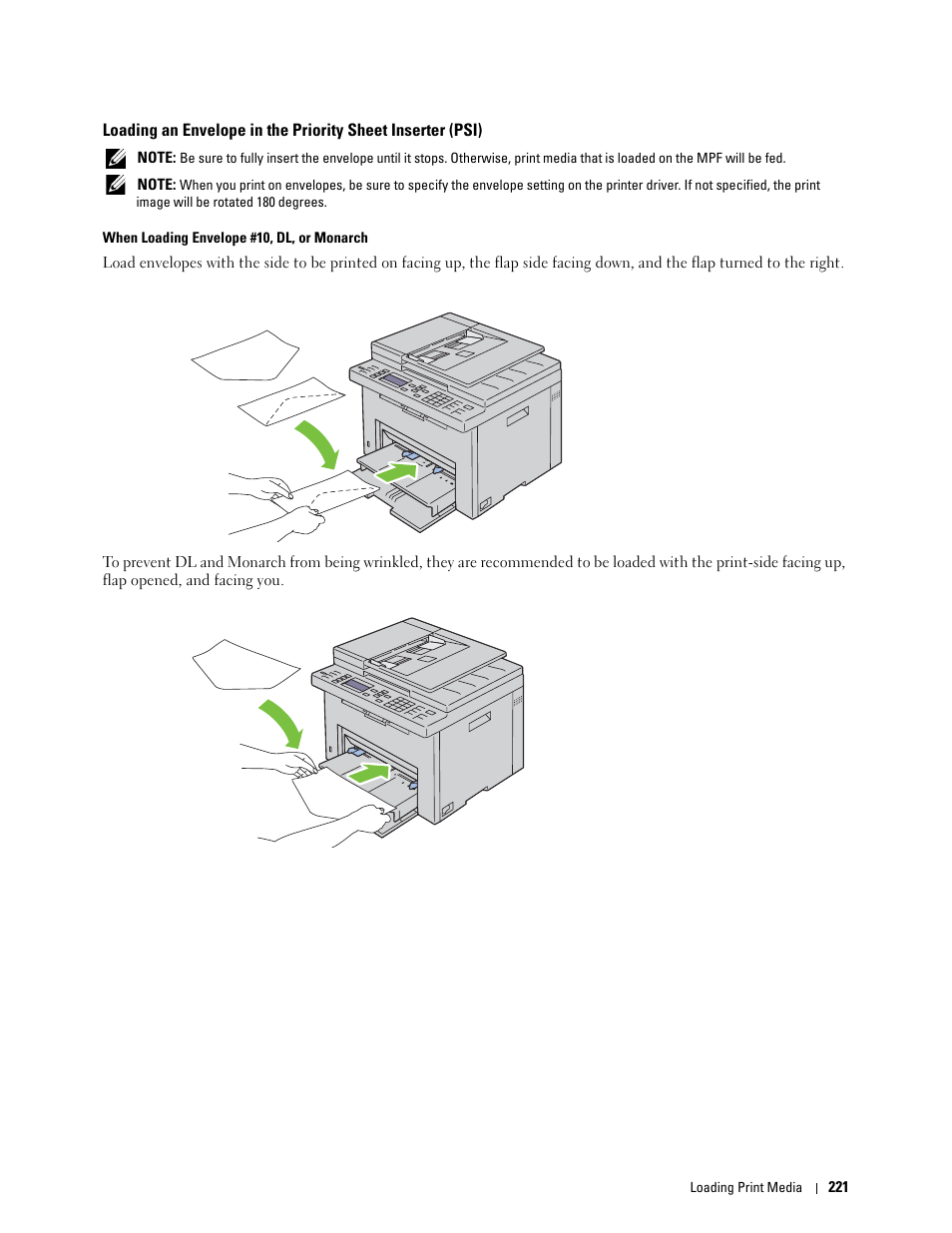 Loading an envelope in the | Dell C1765NFW MFP Laser Printer User Manual | Page 223 / 382
