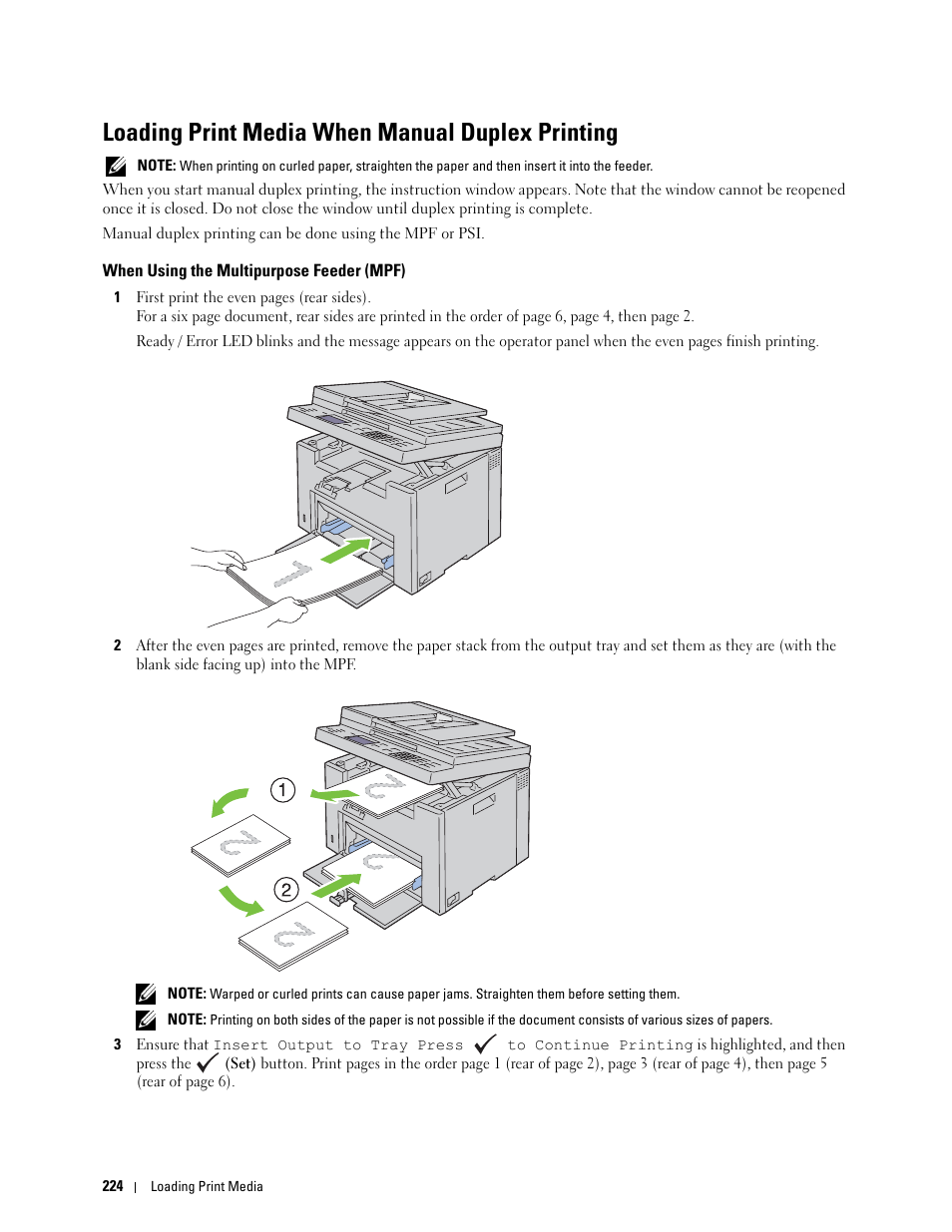Loading print media when manual duplex printing, When using the multipurpose feeder (mpf), Loading print media when manual | Dell C1765NFW MFP Laser Printer User Manual | Page 226 / 382