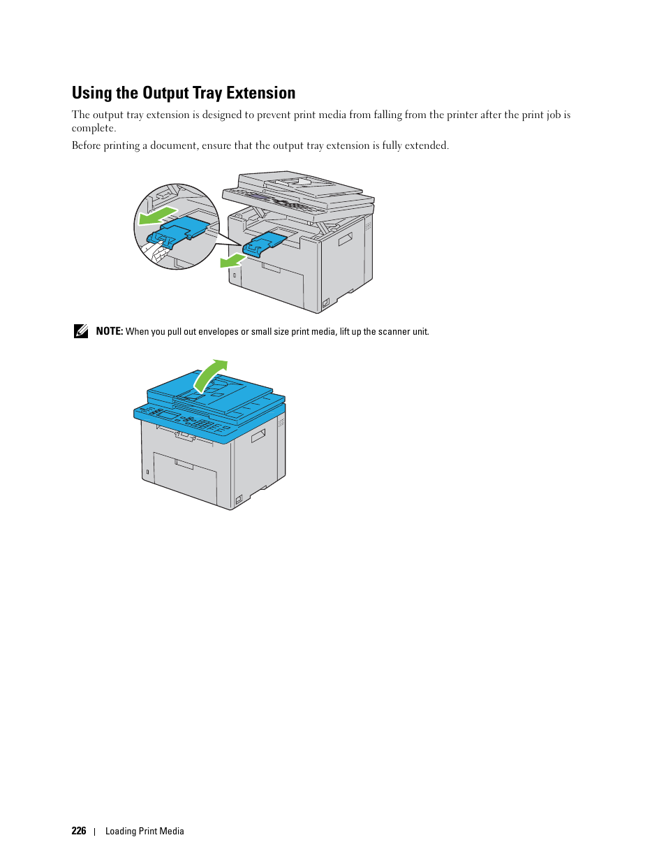 Using the output tray extension | Dell C1765NFW MFP Laser Printer User Manual | Page 228 / 382