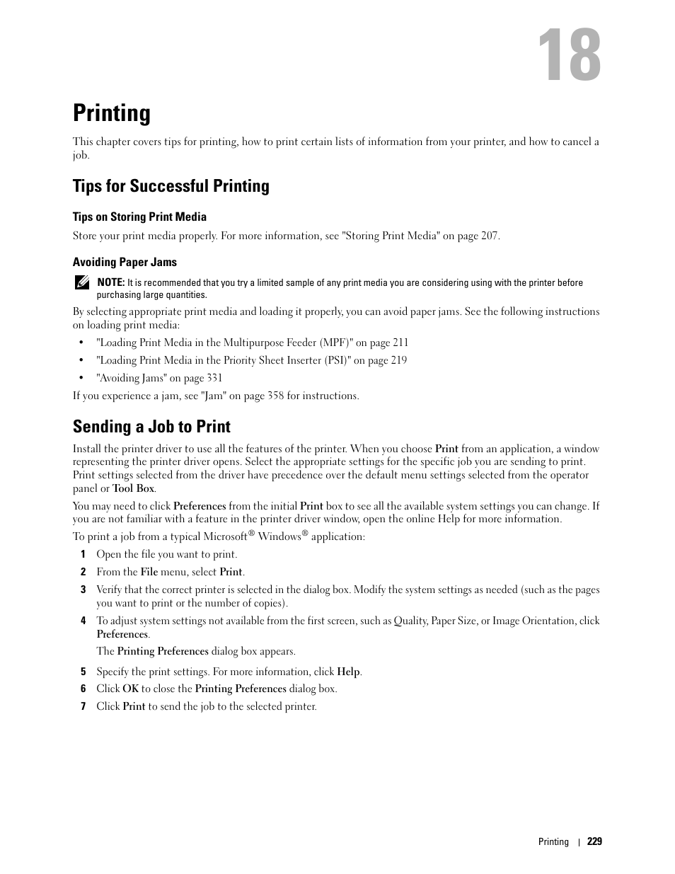 Printing, Tips for successful printing, Tips on storing print media | Avoiding paper jams, Sending a job to print, 18 printing | Dell C1765NFW MFP Laser Printer User Manual | Page 231 / 382