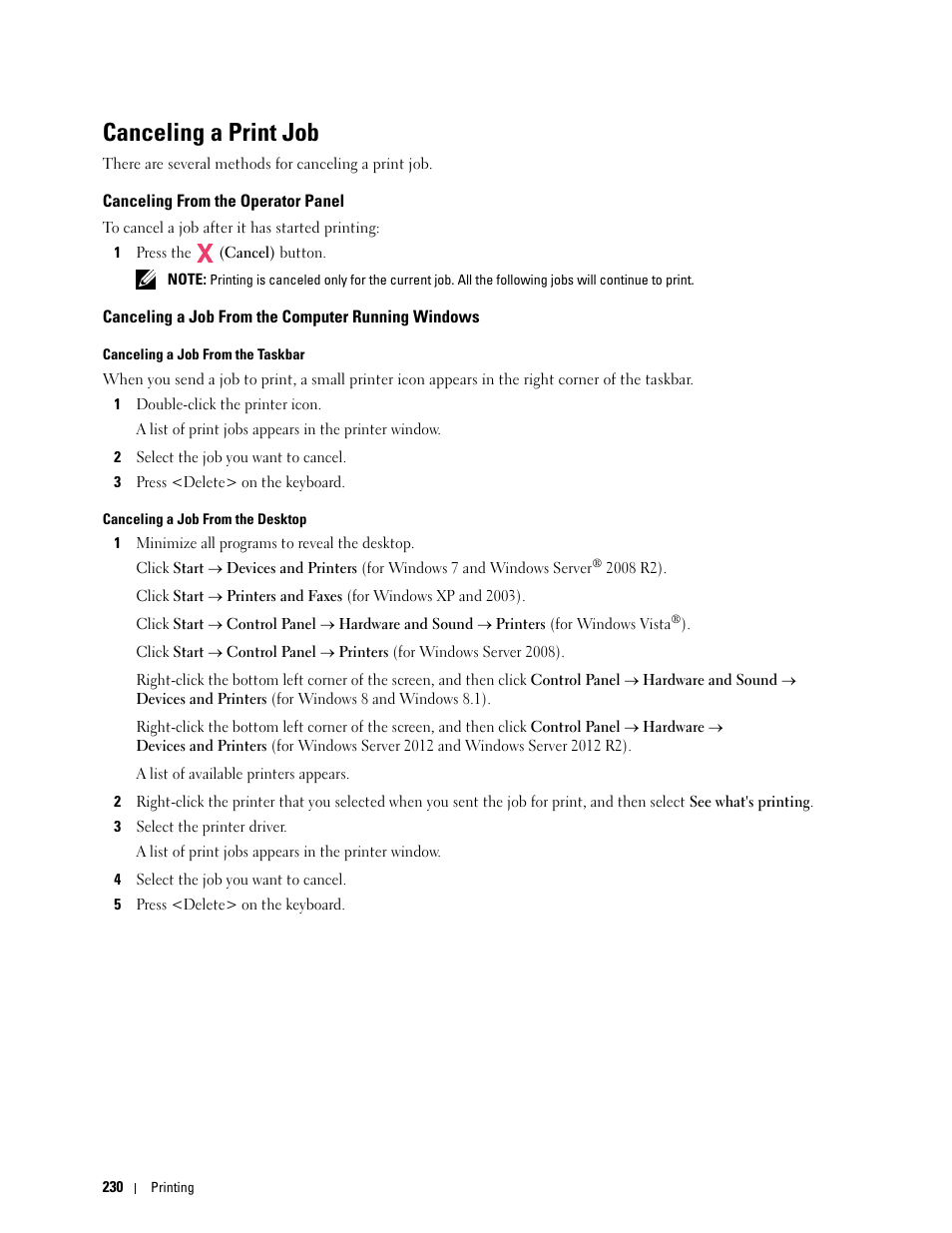 Canceling a print job, Canceling from the operator panel, Canceling a job from the computer running windows | Dell C1765NFW MFP Laser Printer User Manual | Page 232 / 382