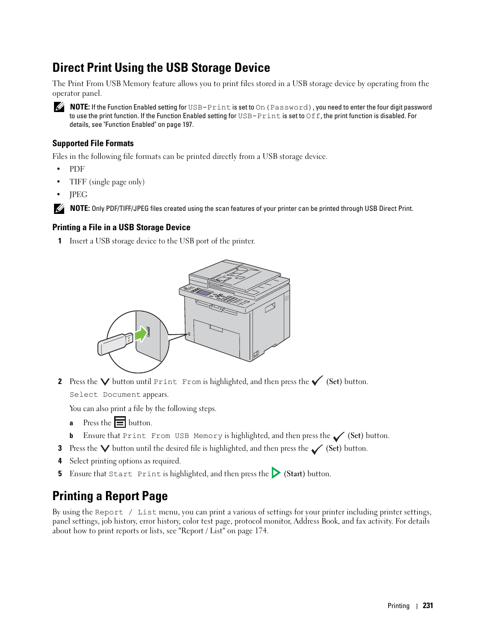 Direct print using the usb storage device, Supported file formats, Printing a file in a usb storage device | Direct print using the usb storage, Printing a report page | Dell C1765NFW MFP Laser Printer User Manual | Page 233 / 382