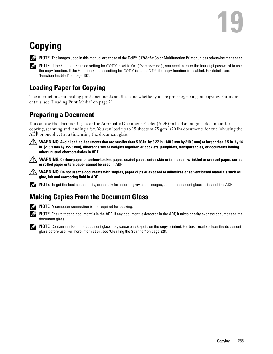Copying, Loading paper for copying, Preparing a document | Making copies from the document glass, 19 copying | Dell C1765NFW MFP Laser Printer User Manual | Page 235 / 382