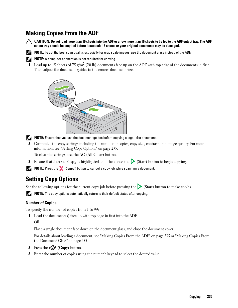 Making copies from the adf, Setting copy options, Number of copies | Dell C1765NFW MFP Laser Printer User Manual | Page 237 / 382