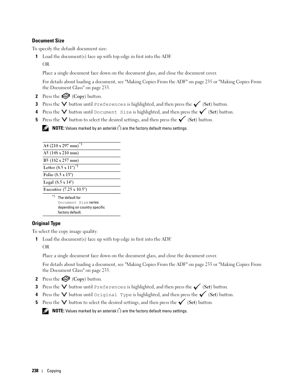 Document size, Original type | Dell C1765NFW MFP Laser Printer User Manual | Page 240 / 382