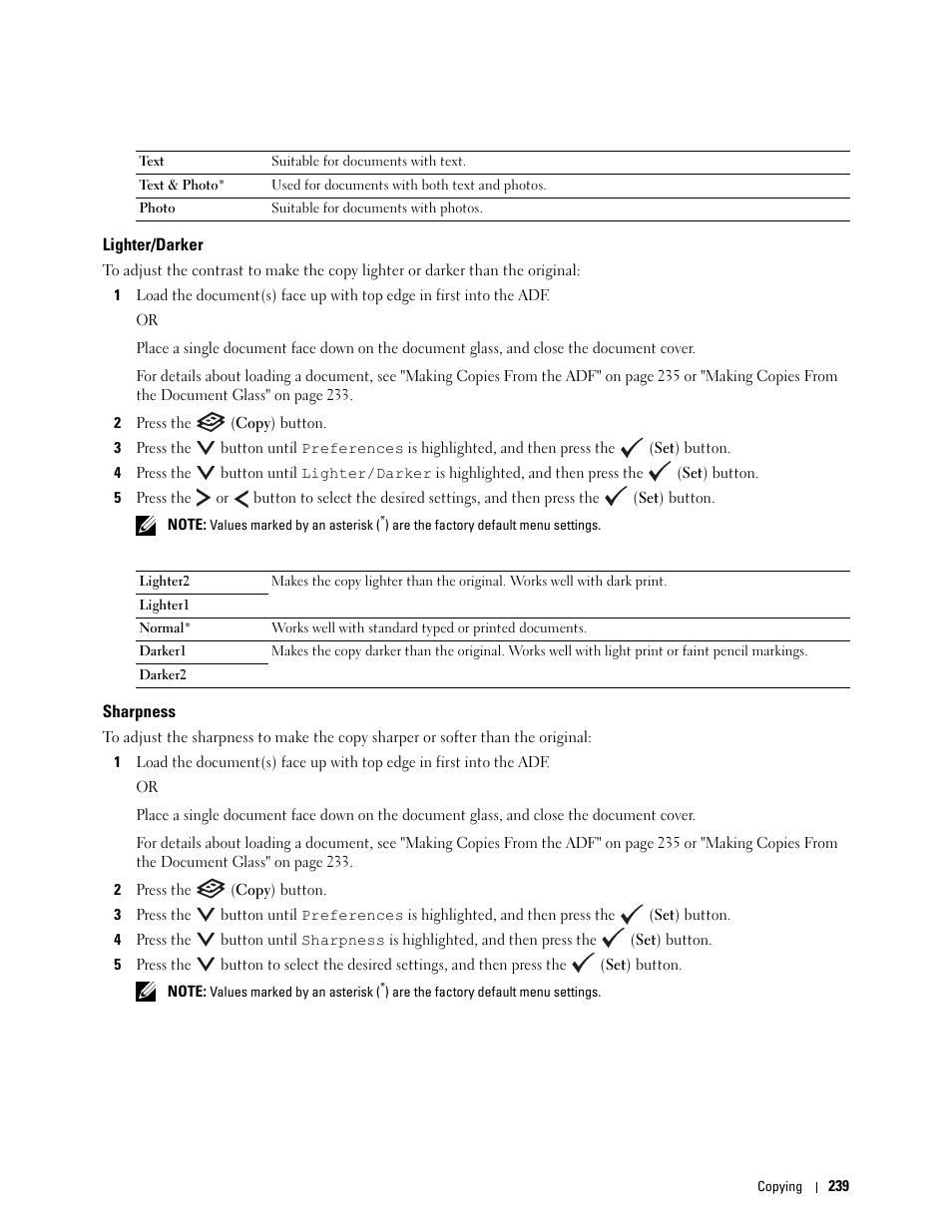 Lighter/darker, Sharpness | Dell C1765NFW MFP Laser Printer User Manual | Page 241 / 382
