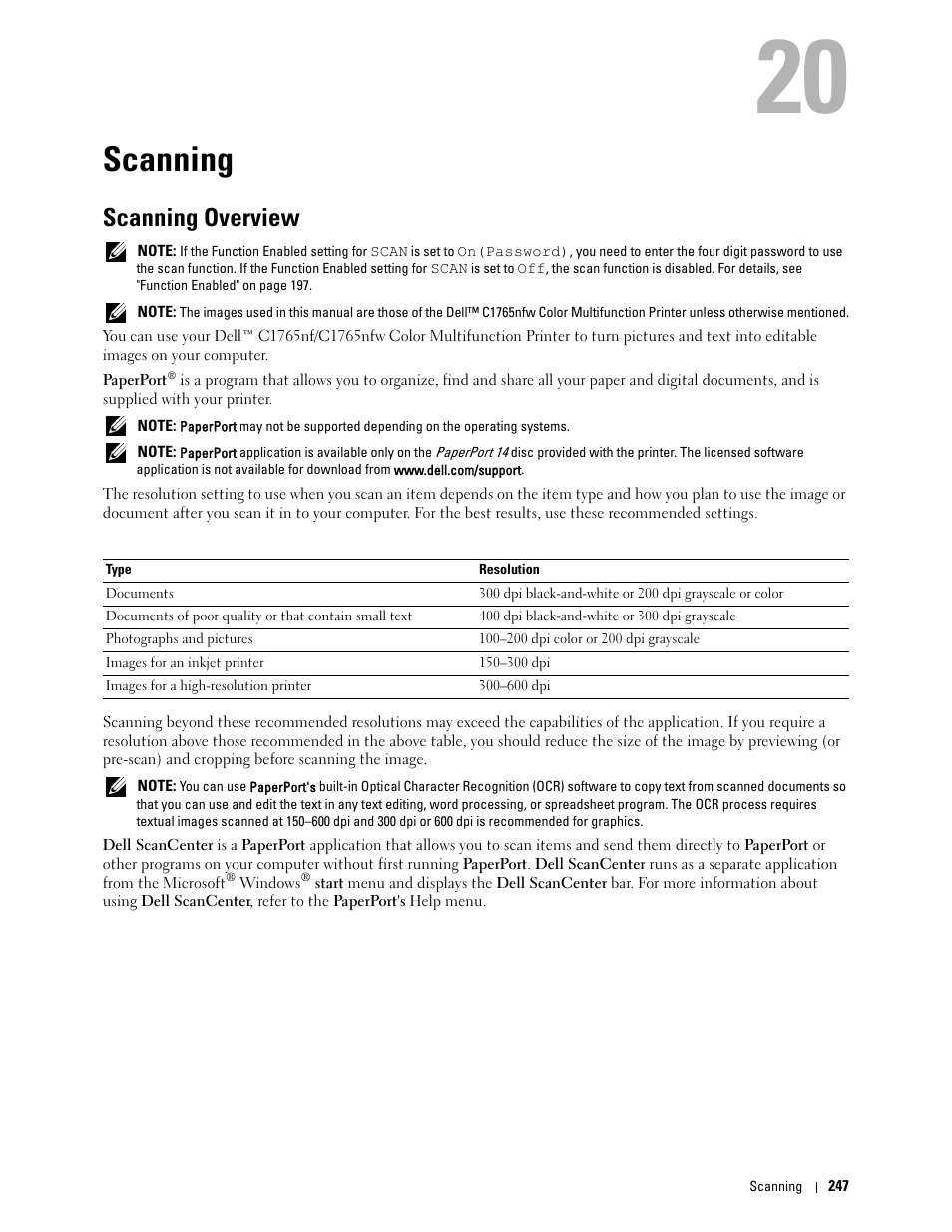 Scanning, Scanning overview, 20 scanning | Dell C1765NFW MFP Laser Printer User Manual | Page 249 / 382
