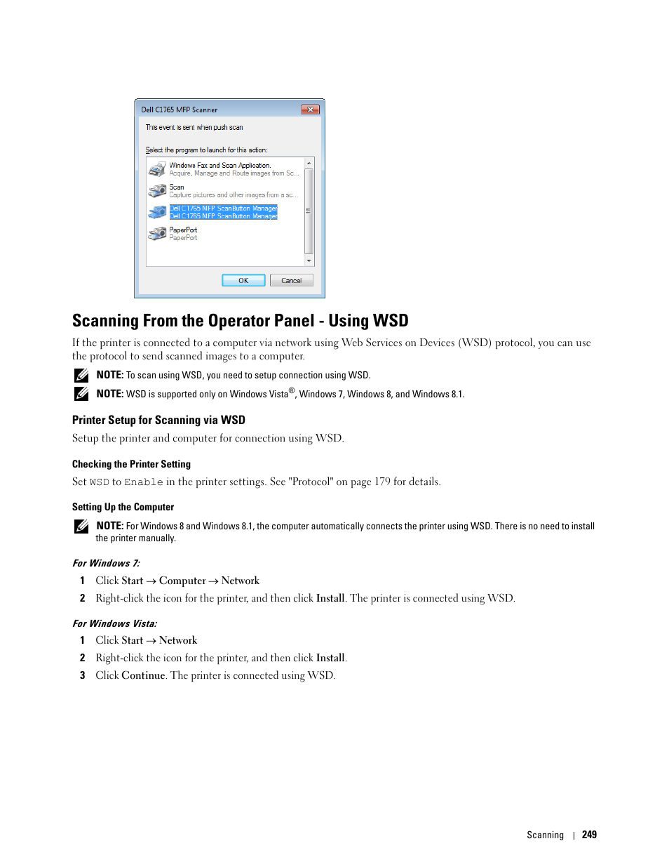 Scanning from the operator panel - using wsd, Printer setup for scanning via wsd | Dell C1765NFW MFP Laser Printer User Manual | Page 251 / 382