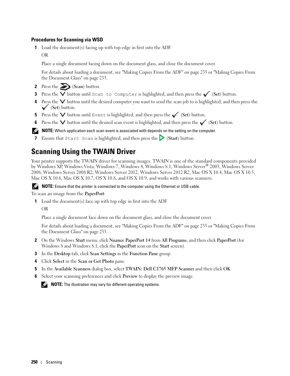 Procedures for scanning via wsd, Scanning using the twain driver | Dell C1765NFW MFP Laser Printer User Manual | Page 252 / 382