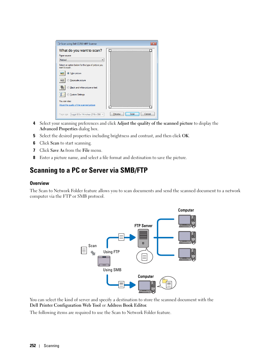 Scanning to a pc or server via smb/ftp, Overview | Dell C1765NFW MFP Laser Printer User Manual | Page 254 / 382
