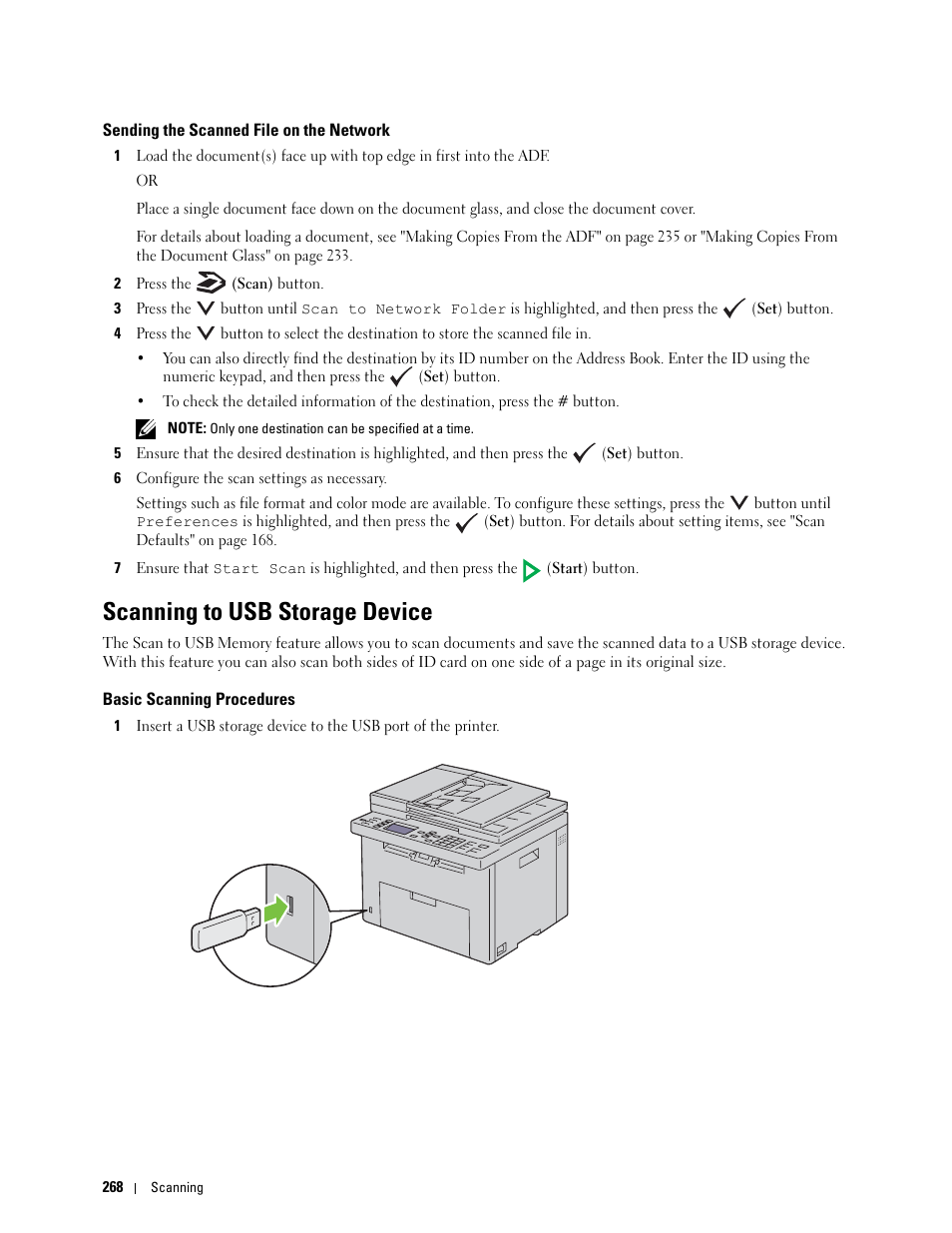 Sending the scanned file on the network, Scanning to usb storage device, Basic scanning procedures | On, see "scanning to usb storage device | Dell C1765NFW MFP Laser Printer User Manual | Page 270 / 382
