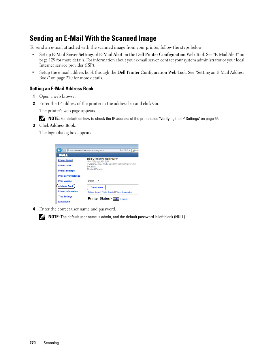 Sending an e-mail with the scanned image, Setting an e-mail address book | Dell C1765NFW MFP Laser Printer User Manual | Page 272 / 382