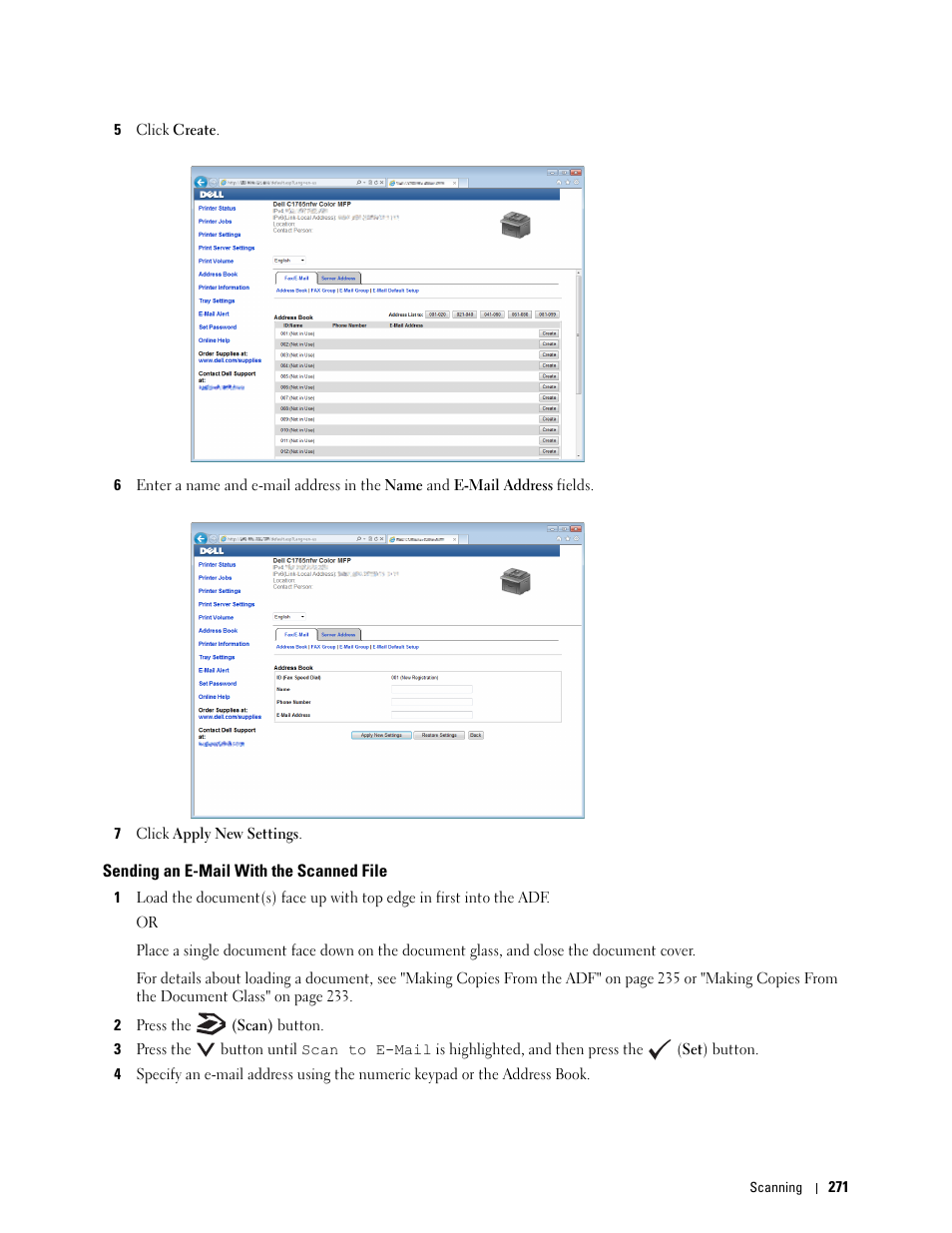 Sending an e-mail with the scanned file | Dell C1765NFW MFP Laser Printer User Manual | Page 273 / 382