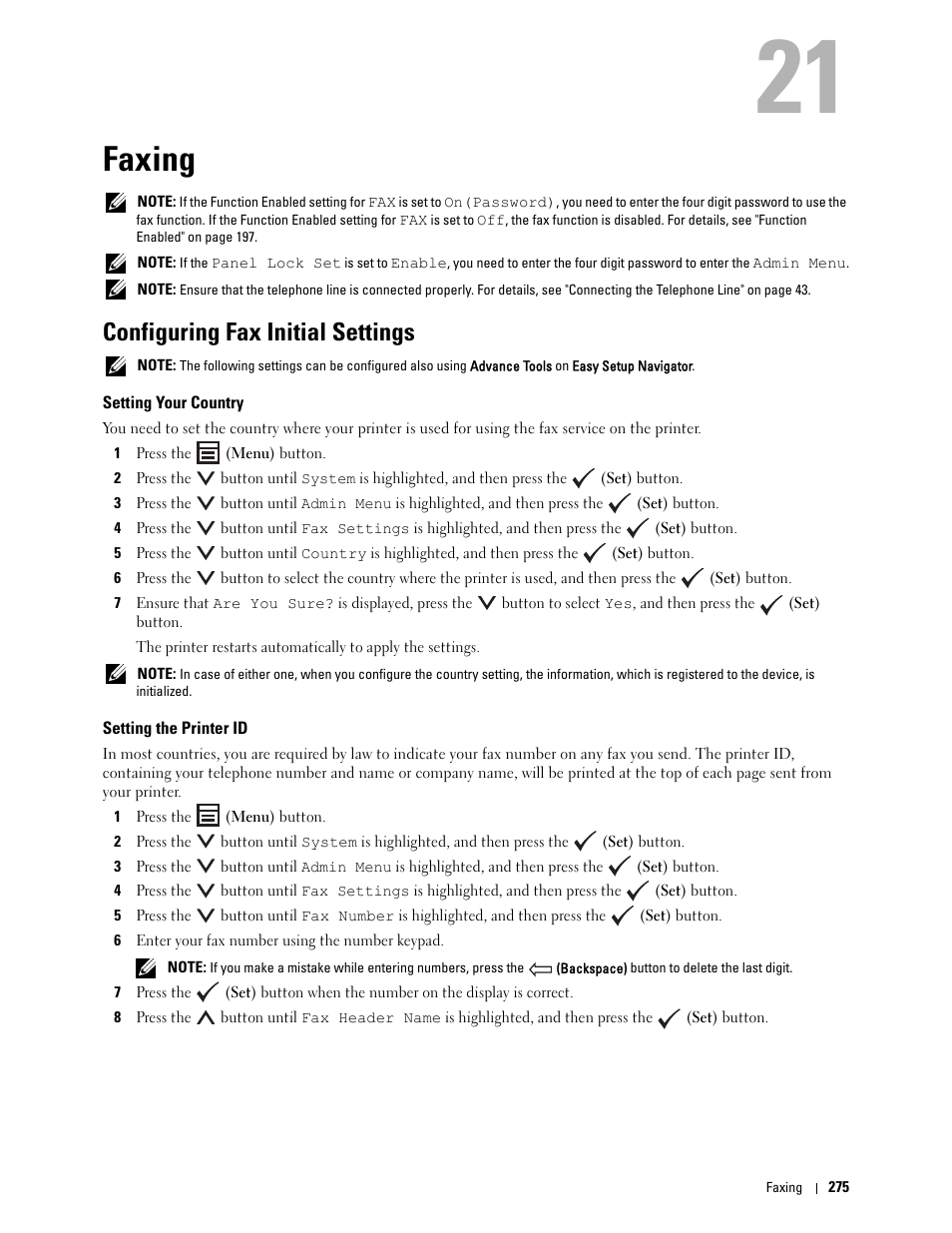 Faxing, Configuring fax initial settings, Setting your country | Setting the printer id, 21 faxing | Dell C1765NFW MFP Laser Printer User Manual | Page 277 / 382