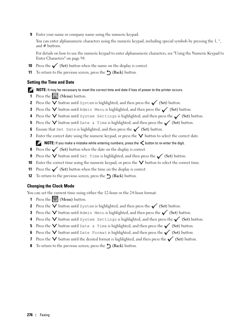 Setting the time and date, Changing the clock mode | Dell C1765NFW MFP Laser Printer User Manual | Page 278 / 382