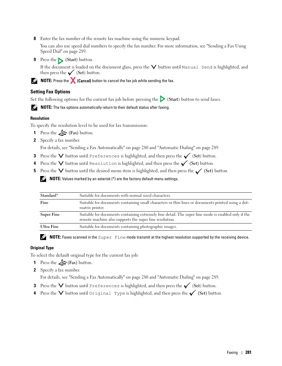 Setting fax options, See "setting, Ee "setting fax options" on | Dell C1765NFW MFP Laser Printer User Manual | Page 283 / 382