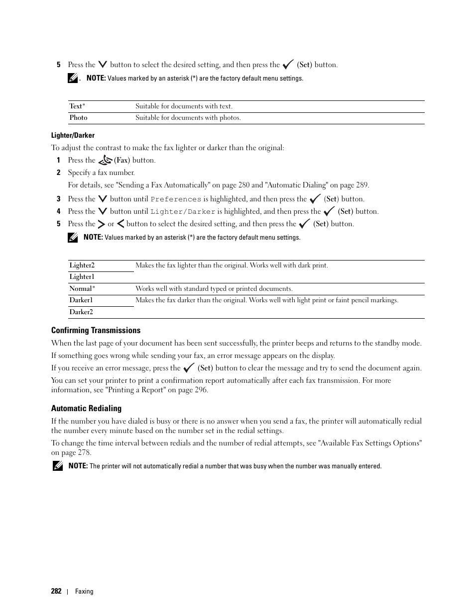 Confirming transmissions, Automatic redialing | Dell C1765NFW MFP Laser Printer User Manual | Page 284 / 382