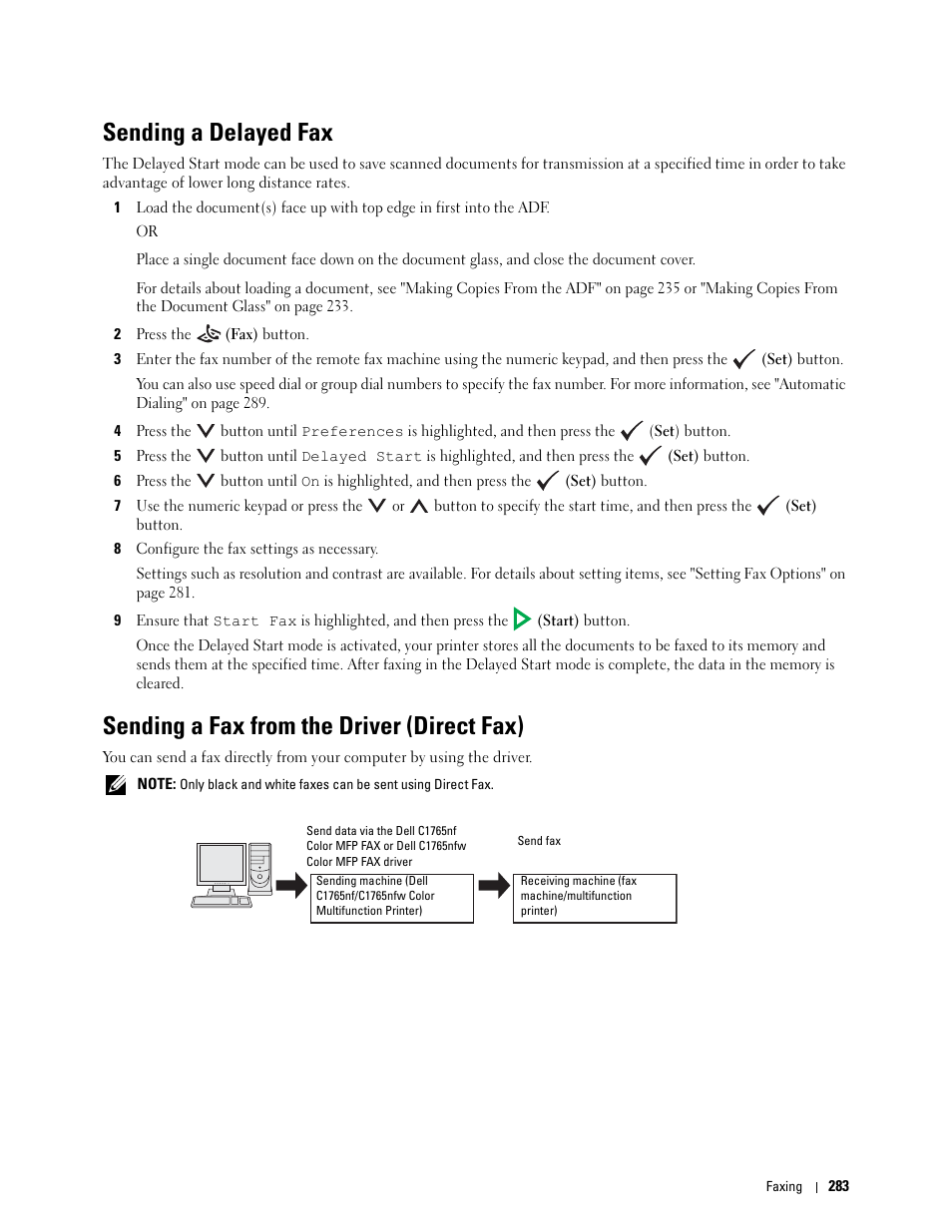 Sending a delayed fax, Sending a fax from the driver (direct fax) | Dell C1765NFW MFP Laser Printer User Manual | Page 285 / 382