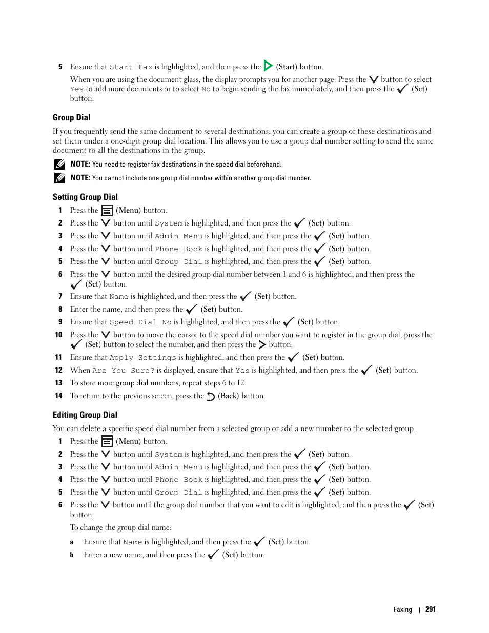 Group dial, Setting group dial, Editing group dial | Dell C1765NFW MFP Laser Printer User Manual | Page 293 / 382