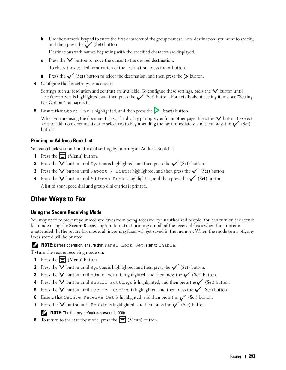 Printing an address book list, Other ways to fax, Using the secure receiving mode | Dell C1765NFW MFP Laser Printer User Manual | Page 295 / 382