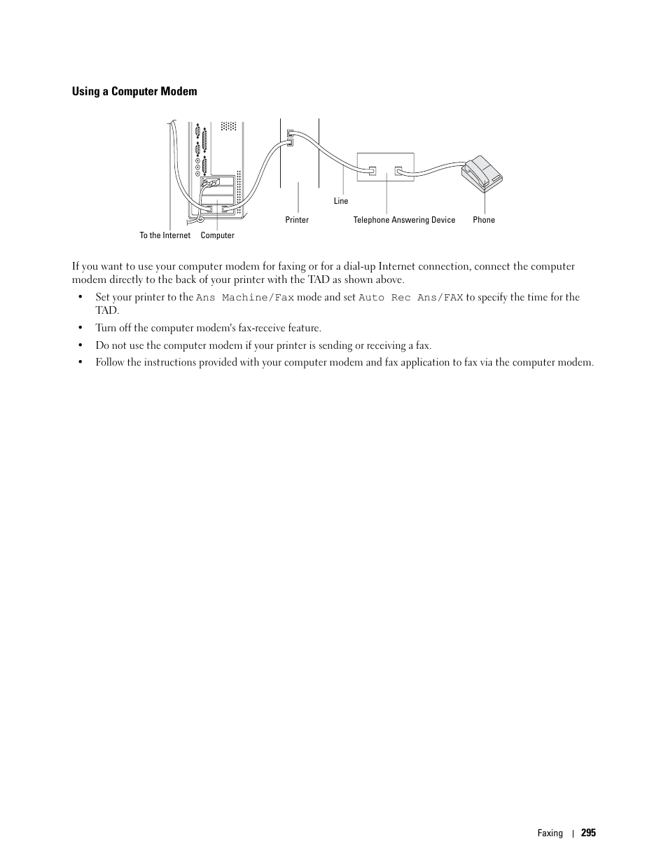 Using a computer modem | Dell C1765NFW MFP Laser Printer User Manual | Page 297 / 382