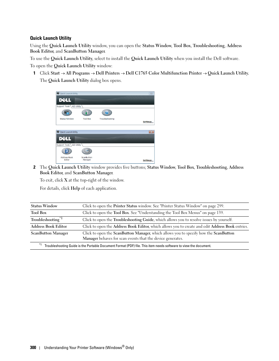 Quick launch utility | Dell C1765NFW MFP Laser Printer User Manual | Page 302 / 382
