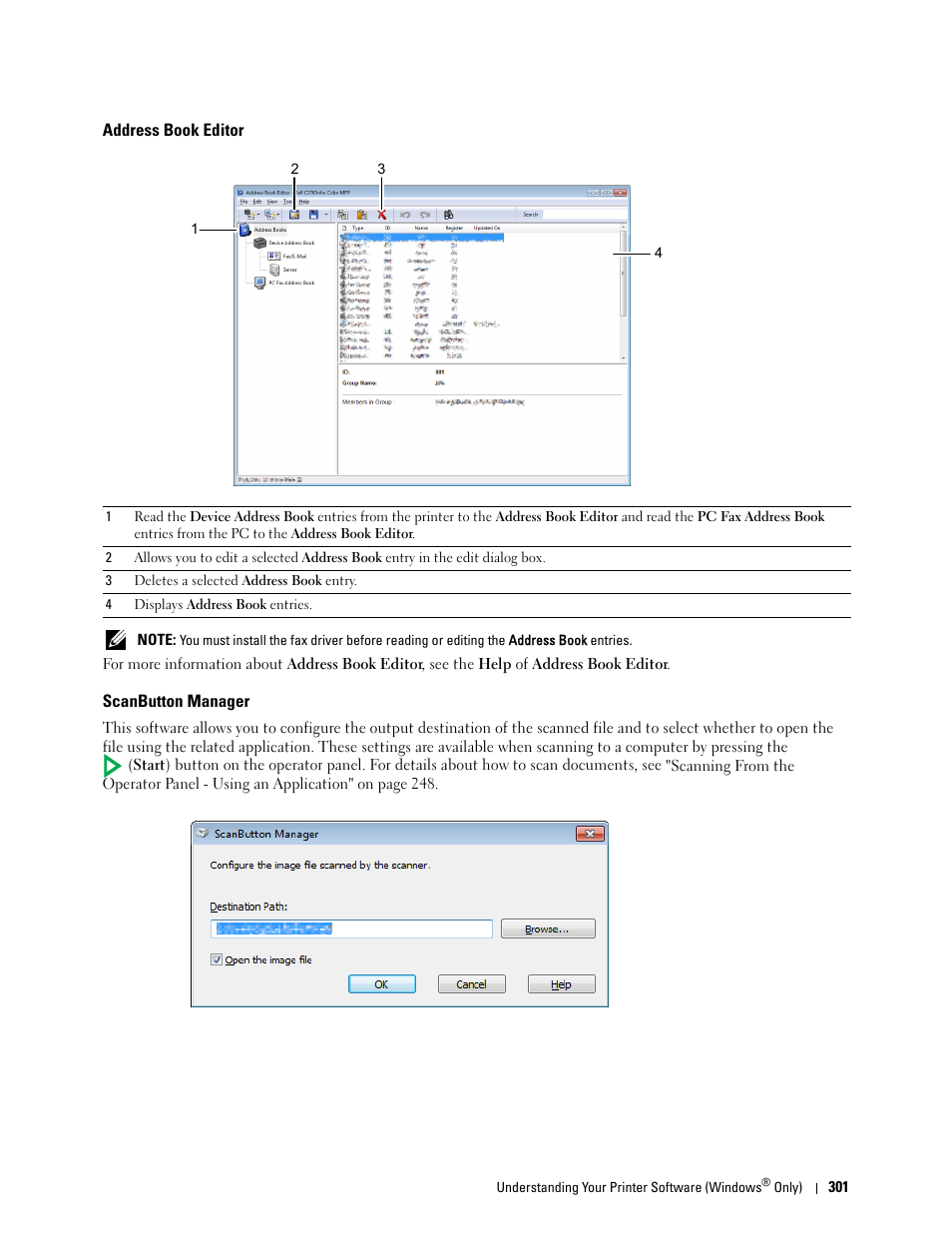 Address book editor, Scanbutton manager | Dell C1765NFW MFP Laser Printer User Manual | Page 303 / 382