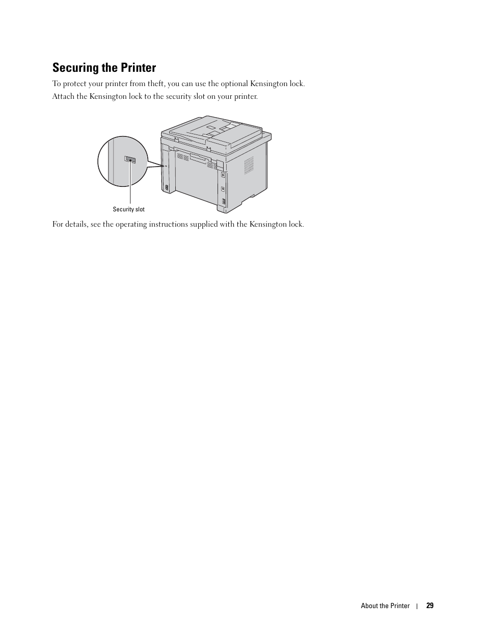 Securing the printer | Dell C1765NFW MFP Laser Printer User Manual | Page 31 / 382