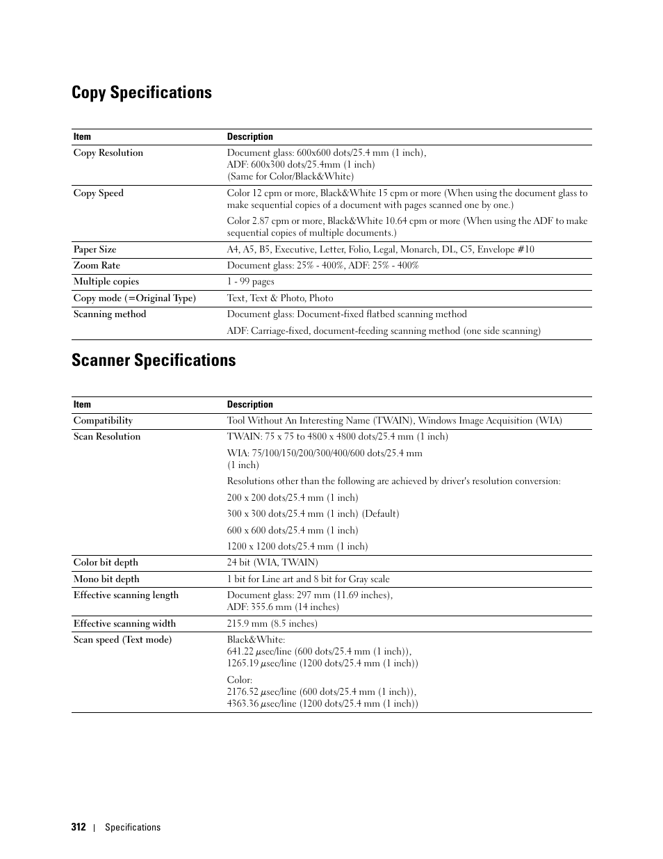Copy specifications, Scanner specifications, Copy specifications scanner specifications | Dell C1765NFW MFP Laser Printer User Manual | Page 314 / 382